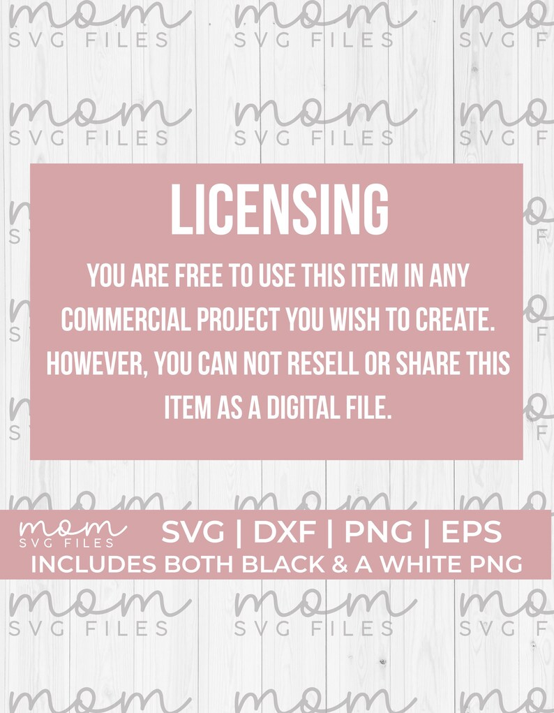May include: A pink and white digital download license agreement for a commercial project. The text reads "You are free to use this item in any commercial project you wish to create. However, you can not resell or share this item as a digital file."