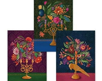 Floral candlestick set of cards, postcard, greeting card, luxury card, flowers, candlestick