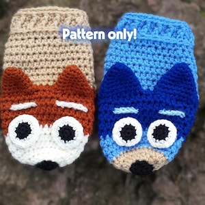 Digital Crochet PATTERN for Blue and Brown dog character hand puppet.