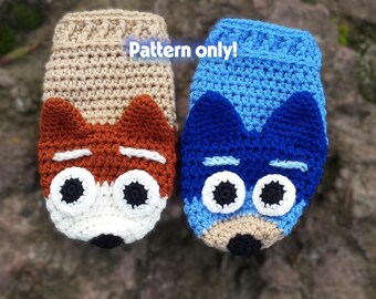 Digital Crochet PATTERN for Blue and Brown dog character hand puppet.