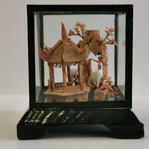 Hand Carved Cork Sculpture Art 3D Diorama Teardrop Shaped Tall Pagoda