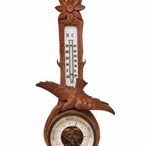 Vintage Wooden Barometer Thermometer, Carved Wall Weather Station, Rustic Weather Gauge, Antique Home Decor, Hygrometer Barometer