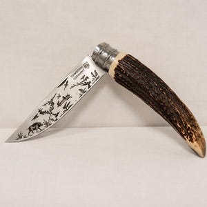 Puede incluir: Una navaja plegable con mango curvo de asta marrón texturizada y virola de metal plateado. La hoja de acero inoxidable presenta una escena de caza grabada con un jabalí, árboles y el texto RAMBORN GERMANY junto a un pequeño logotipo de escudo.