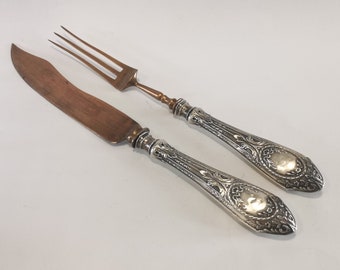 Antique Sterling silver and copper carving cutlery set