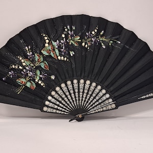 Vintage Wood and Fabric Folding Fan, Hand painted
