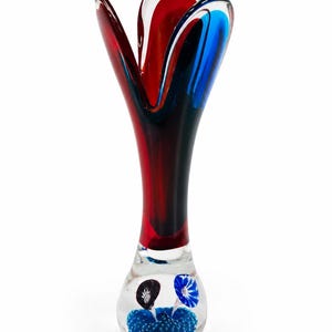 Jarrón de cristal de Murano vintage / Jarrón de cristal Sommerso italiano soplado a mano / Cristal decorativo rojo, azul y transparente / Pieza de colección de Murano