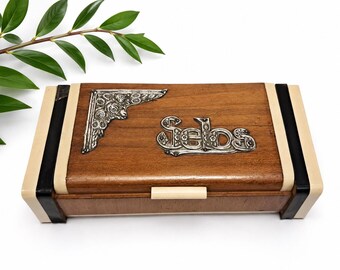 Frimärkslåda i trä med ornament i sterlingsilver | Filatelistminneslåda | Vintage frimärkssamlingsorganisatör | Samlargåva