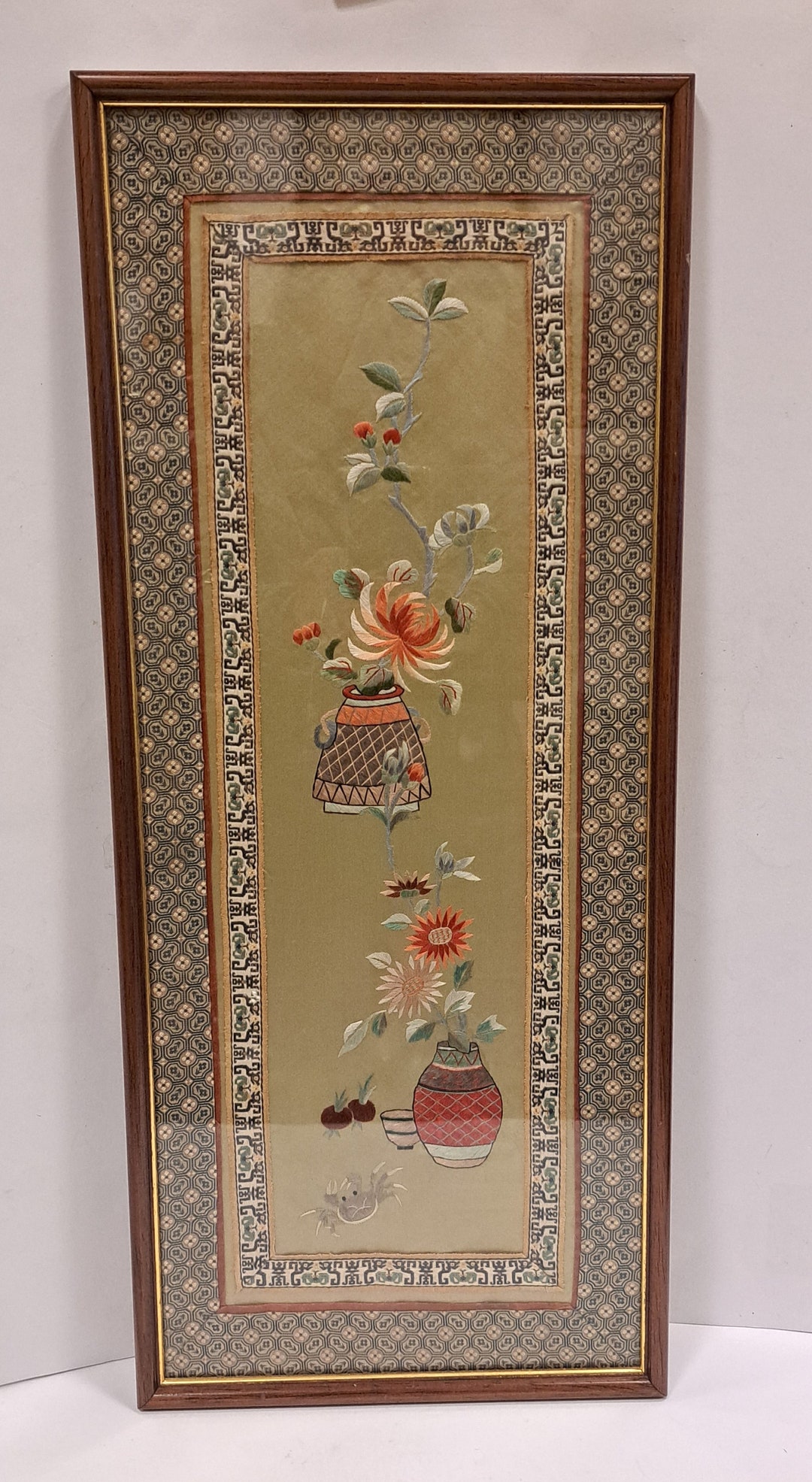 Antique Chinese Silk Embroidered Wall Art Flowers Etsy