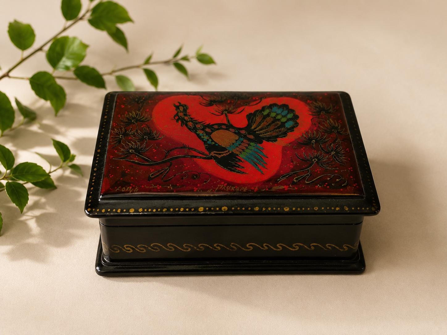 Antique Hand Painted Box in Lacquered Wood With , Hand Made
