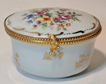Vintage Limoges France Porcelain Trinket Box , Hand Painted Gold