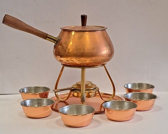 Fondue de cobre vintage, utensilios de cocina antiguos, con 6 tazones