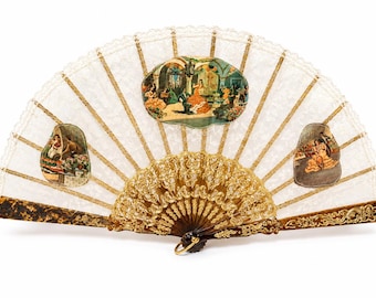 Antique Lace Hand Fan, Vintage Decorative Fan, Gold Filigree Frame, Romantic Scene Fan, Victorian Style Collectible