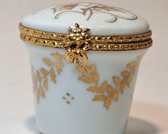 Vintage Limoges France Porcelain Trinket Box , Hand Painted Gold