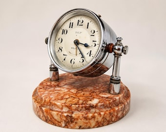 Vintage Chrome Table Clock, Marble Base, French Mechanical Wind-Up