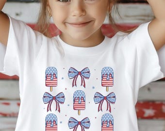 Popsicles and Coquette Bows Girls Youth Tee Shirt, Toddler Shirt, Patriotic I Love the USA, America 4th of July Tee, Baby Girl Memorial Day