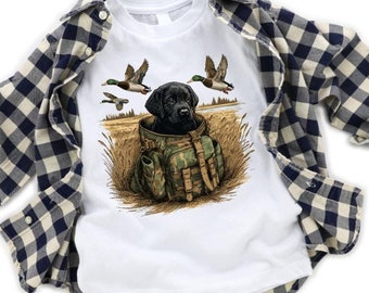Mallard and Black Lab Puppy Duck Hunting Boys Youth Tee Shirt, Hunting Dog Toddler Shirt, Goose Hunting Boys Youth T- Shirt, Loves to Hunt