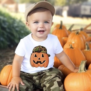 Pumpkin with Backwards Camo Hat Youth T-Shirt, Boys Short Sleeve T-Shirt, Fall Halloween Long Sleeve T-Shirt, Toddler Boy Fall Shirt