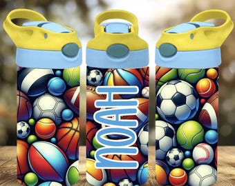Sports 12oz Boys Tumbler, Personalized Name Leak Proof Flip Top Baseball Water Bottle, Loves Soccer Kid School Lunch Insulated Sippy Cup