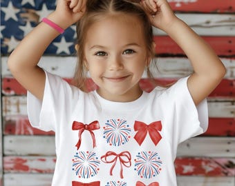 Fireworks and Coquette Bows Girls Youth Tee Shirt, Toddler Shirt, Patriotic I Love the USA, America 4th of July Tee, Baby Girl Memorial Day