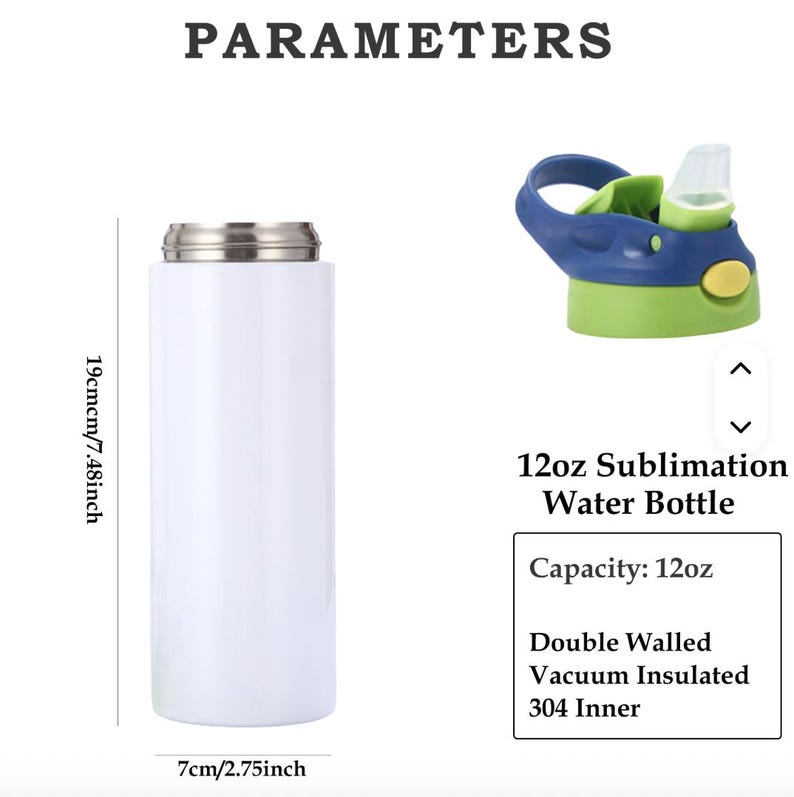 May include: A white 12oz sublimation water bottle, 7cm/2.75 inches in diameter and 19cm/7.48 inches tall, with a silver top and a blue, green, and yellow lid. The text "PARAMETERS" is at the top.