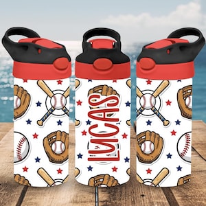 May include: A white water bottle with a red lid and black handle featuring a repeating baseball pattern of gloves, bats, and balls with red and blue stars. The center bottle displays the name LUCAS in large red vertical letters.