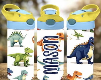 Dinosaurs 12oz Boys Tumbler, Personalised Name Leak Proof Flip Top Sports Water Bottle, Loves Dinosaurs Kid School Lunch Insulated Sippy Cup