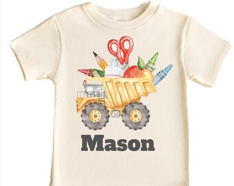 Boys Dump Truck School Tee Shirt, School Supplies Shirt Personalized with Name Shirt, Construction Boys Youth T- Shirt, First Day of School