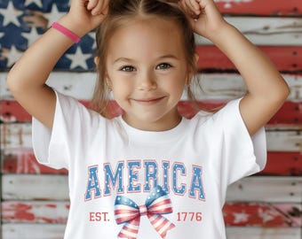 America EST 1776 Coquette Bow Girls Youth Tee Shirt, Toddler Shirt, Patriotic Love the USA, America 4th of July Tee, Baby Girl Memorial Day