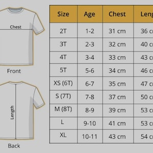 K&ouml;nnte beinhalten: Ein Diagramm, das die Vorder- und R&uuml;ckseite eines T-Shirts mit Brust- und L&auml;ngenma&szlig;en zeigt. Eine Gr&ouml;&szlig;entabelle listet die Gr&ouml;&szlig;en 2T bis XL, die Alter von 1-11 Jahren, Brustma&szlig;e von 31 cm bis 43 cm und L&auml;ngen von 36 cm bis 54 cm auf.