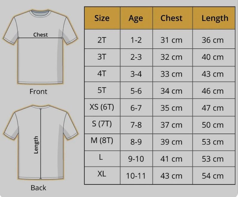 K&ouml;nnte beinhalten: Ein Diagramm, das die Vorder- und R&uuml;ckseite eines T-Shirts mit Brust- und L&auml;ngenma&szlig;en zeigt. Eine Gr&ouml;&szlig;entabelle listet die Gr&ouml;&szlig;en 2T bis XL, die Alter von 1-11 Jahren, Brustma&szlig;e von 31 cm bis 43 cm und L&auml;ngen von 36 cm bis 54 cm auf.