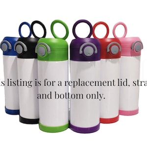 May include: A collection of colorful water bottle lids and bottoms. The lids are blue, black, green, purple, red, and pink, each with a matching loop handle. The bottles are white. Text on the image reads: "This listing is for a replacement lid, straw and bottom only."