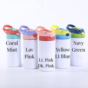 May include: Five white water bottles with colorful lids. The lids are coral and mint, lavender and pink, light and dark pink, yellow and light blue, and navy and green. Each bottle has text indicating the lid colors.