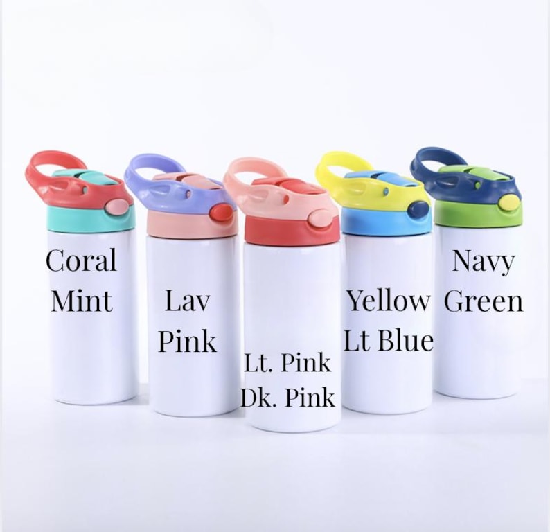 May include: Five white water bottles with colorful lids. The lids are coral and mint, lavender and pink, light and dark pink, yellow and light blue, and navy and green. Each bottle has text indicating the lid colors.