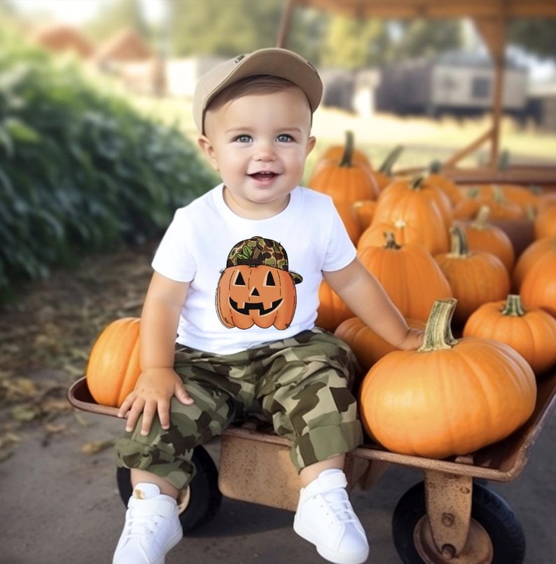 Pumpkin with Backwards Camo Hat Youth T-Shirt, Boys Short Sleeve T-Shirt, Fall Halloween Long Sleeve T-Shirt, Toddler Boy Fall Shirt