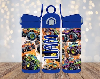 Monster Trucks 12oz Double Wall Stainless Steel, Personalized Flip Top Sports Water Bottle, School Lunch Insulated Tumbler, Birthday Gift