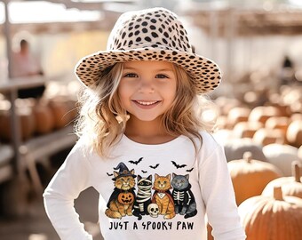 Cat Halloween Kids Shirt, Spooky Paw Kitty Girls Tee Shirt, Polyester Soft Tee, Girls Witch Kitty, Loves Cats Size 6 Month- Youth XL Tee