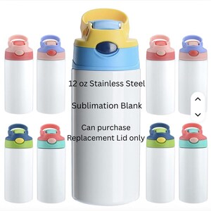 May include: A collection of white 12 oz stainless steel sublimation blank water bottles with colorful lids. The lids are in various colors, including pink, blue, green, and yellow. The text on the bottle reads "12 oz Stainless Steel Sublimation Blank".