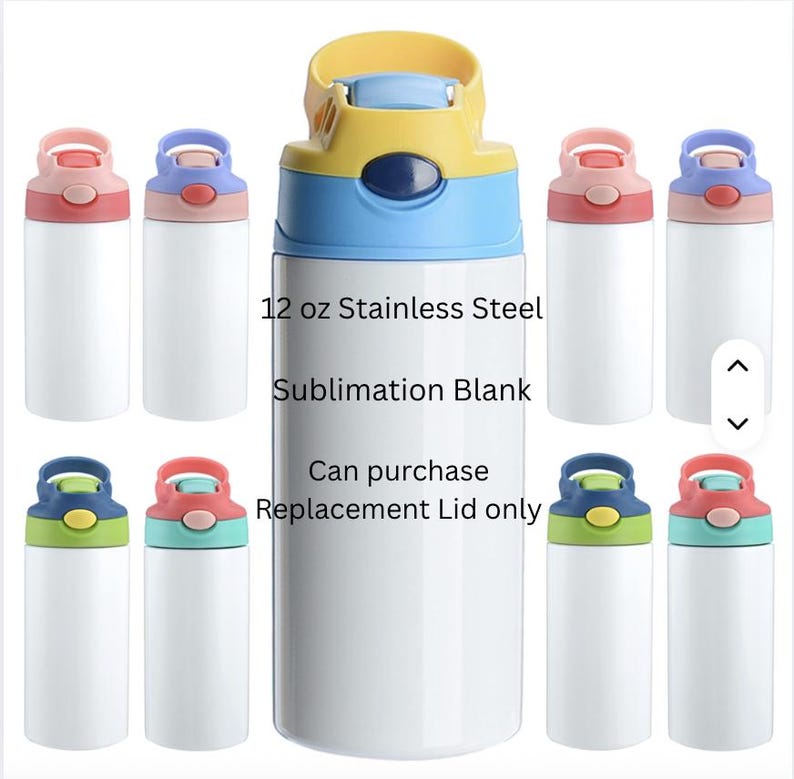 May include: A collection of white 12 oz stainless steel sublimation blank water bottles with colorful lids. The lids are in various colors, including pink, blue, green, and yellow. The text on the bottle reads "12 oz Stainless Steel Sublimation Blank".