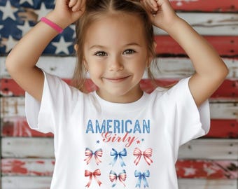 American Girly and Coquette Bow Girls Youth Tee Shirt, Toddler Shirt, Patriotic I Love USA, America 4th of July Tee, Baby Girl Memorial Day
