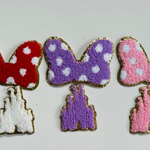 Parche termoadhesivo de chenilla de Disney, parche termoadhesivo con lazo de Minnie Mouse, parche con castillo de Disney