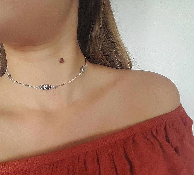 Silver eye choker simple choker delicate choker necklace
