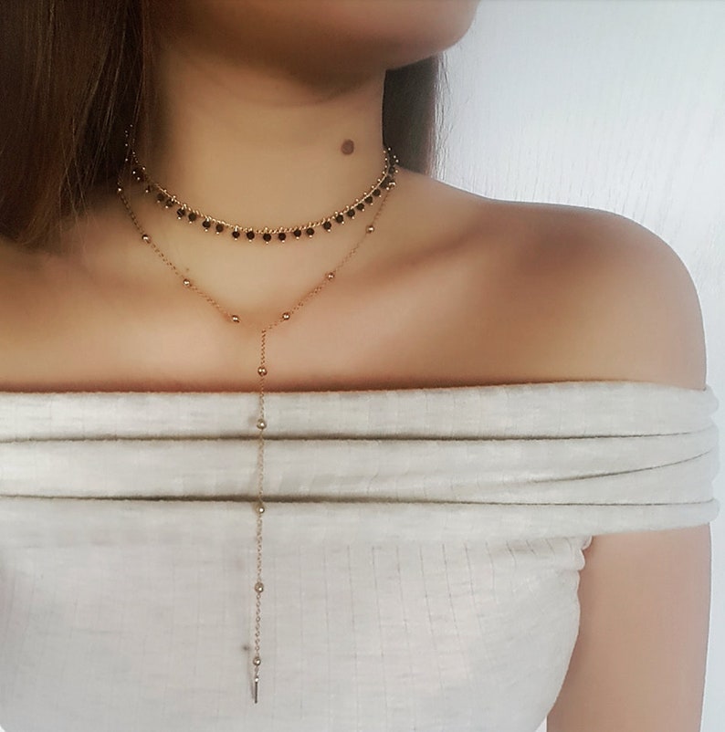 Delicate black beaded chokerdainty choker crystal beads gold filled necklace gift for her choker beaded choker short necklace