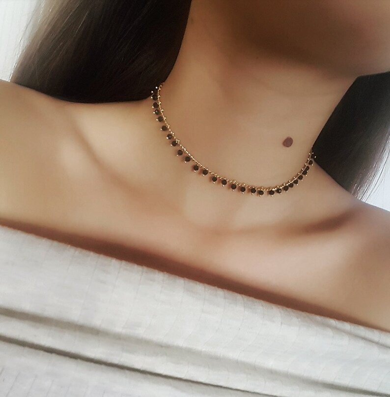 Delicate black beaded chokerdainty choker crystal beads gold filled necklace gift for her choker beaded choker short necklace