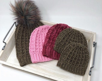Waffle Weave Beanie Crochet Pattern, 5 sizes, slouchy and messy bun variation, men&#39;s hat, child, toddler, adult
