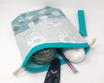 Project Bag for Knitters and Crocheters, Teal and Gray Trees, Medium size tote bag