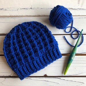 May include: A blue crocheted beanie hat with a ball of blue yarn and a green crochet hook.