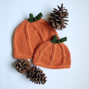 May include: Two crocheted pumpkin hats in orange with green stems. The hats are on a white background with pine cones.