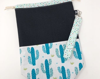 Project Bag for Knitters and Crocheters, Teal and Black Cactus Print Drawstring Bag, Medium size tote bag