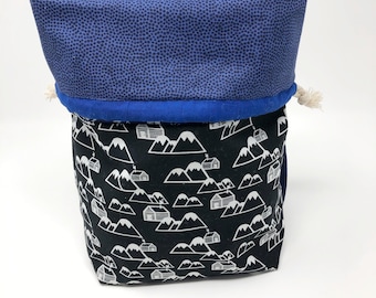 Project Bag for Knitters and Crocheters, Black Mountain/Blue Snowflake Drawstring Bag, Medium size tote bag