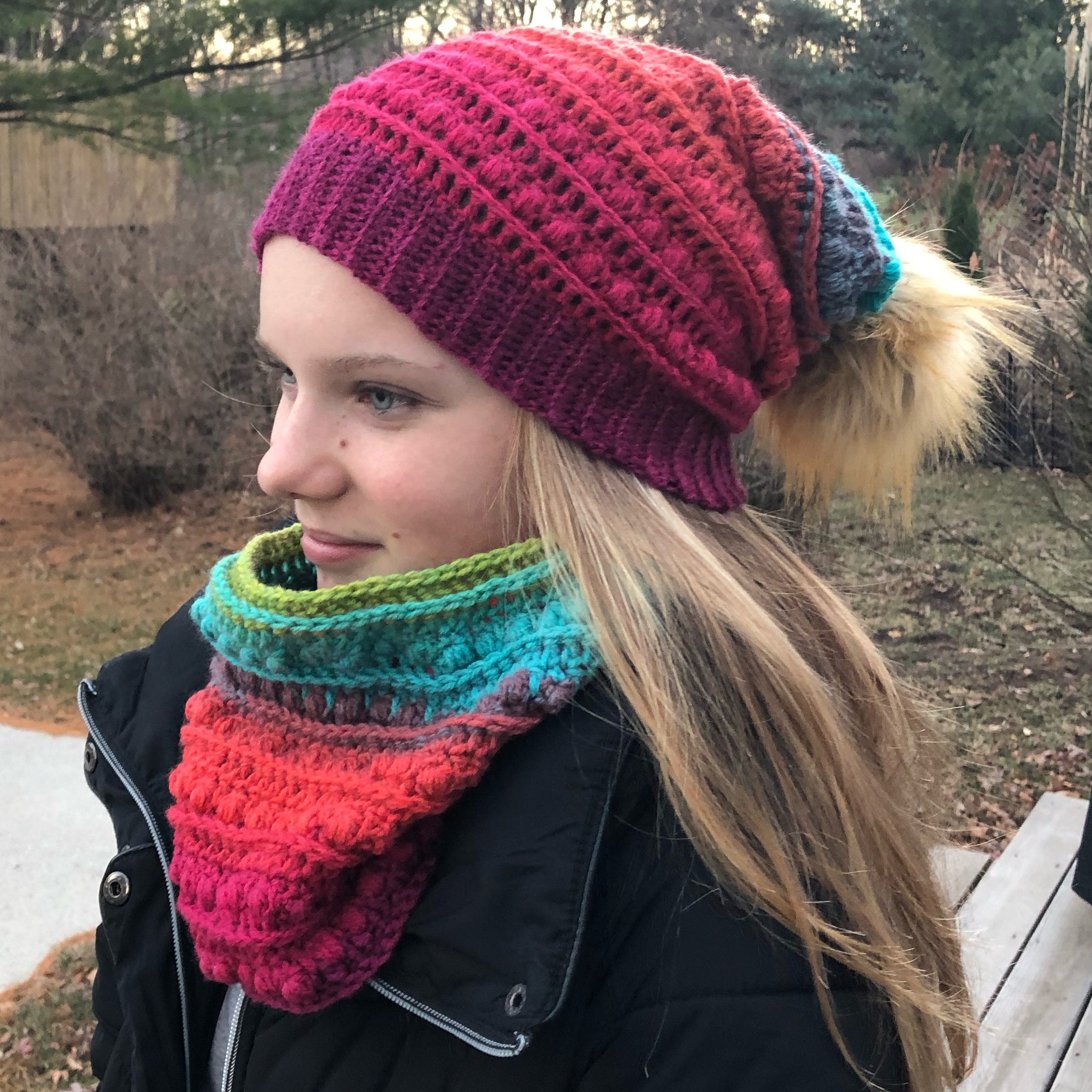 Rainbow Textured Slouchy Hat and Cowl Pattern Bundle, winter, beanie. infant, baby, child, crochet,
